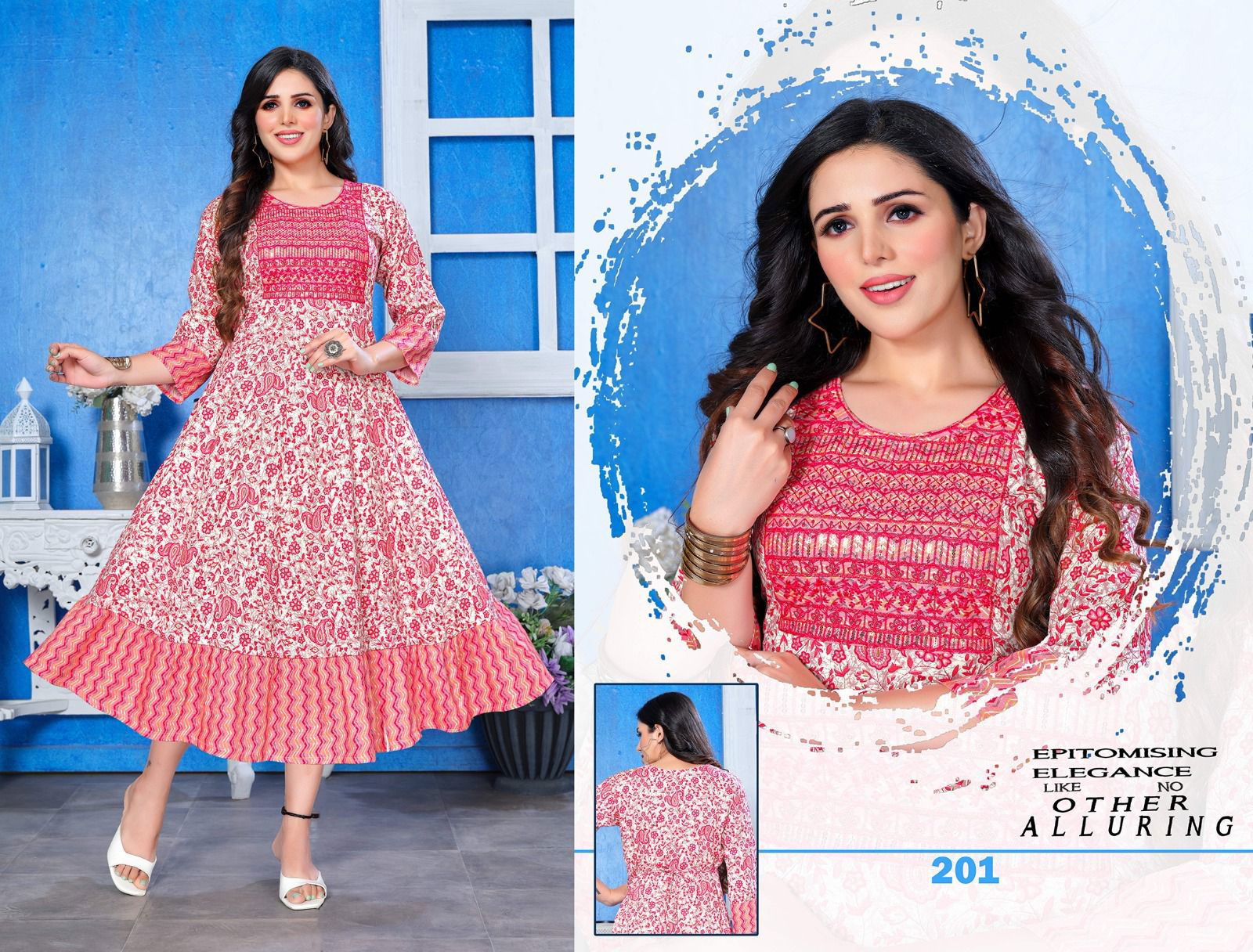 Something Special Golden Heavy Rayon Printed Long Kurtis Wholesale Market In Surat
